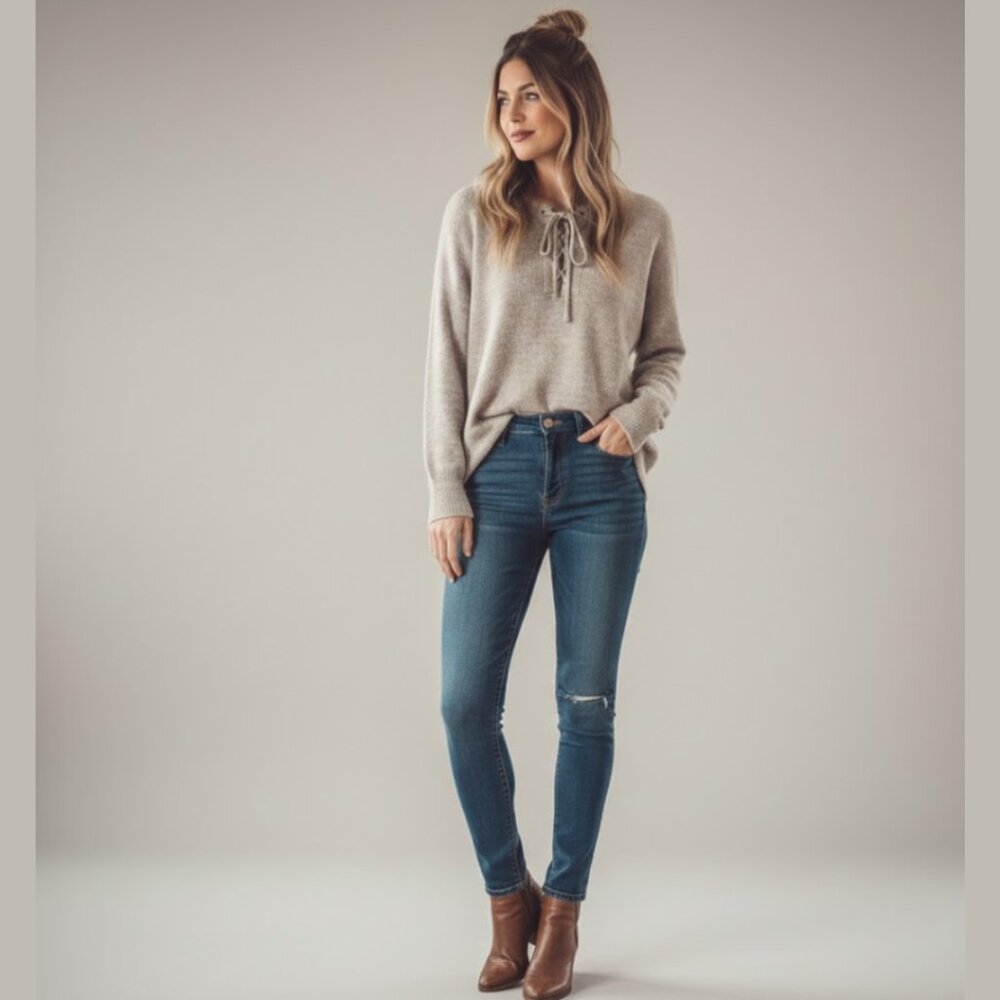 ANTHROPOLOGIE WHITE CROW Lace Up Wool Blend Oatmeal Sweater Sz XS 2016 Style